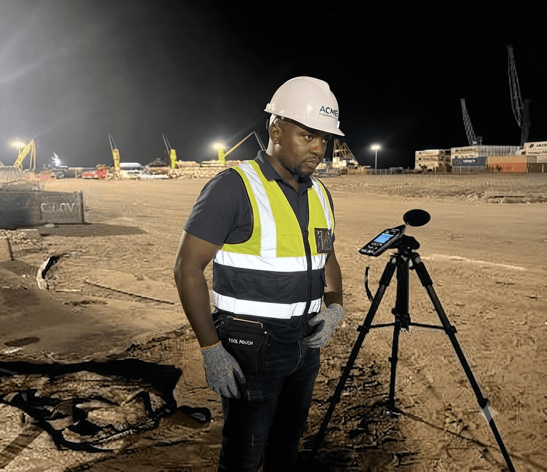Técnico ambiental realizando medição acústica com equipamento de alta precisão junto a uma instalação industrial