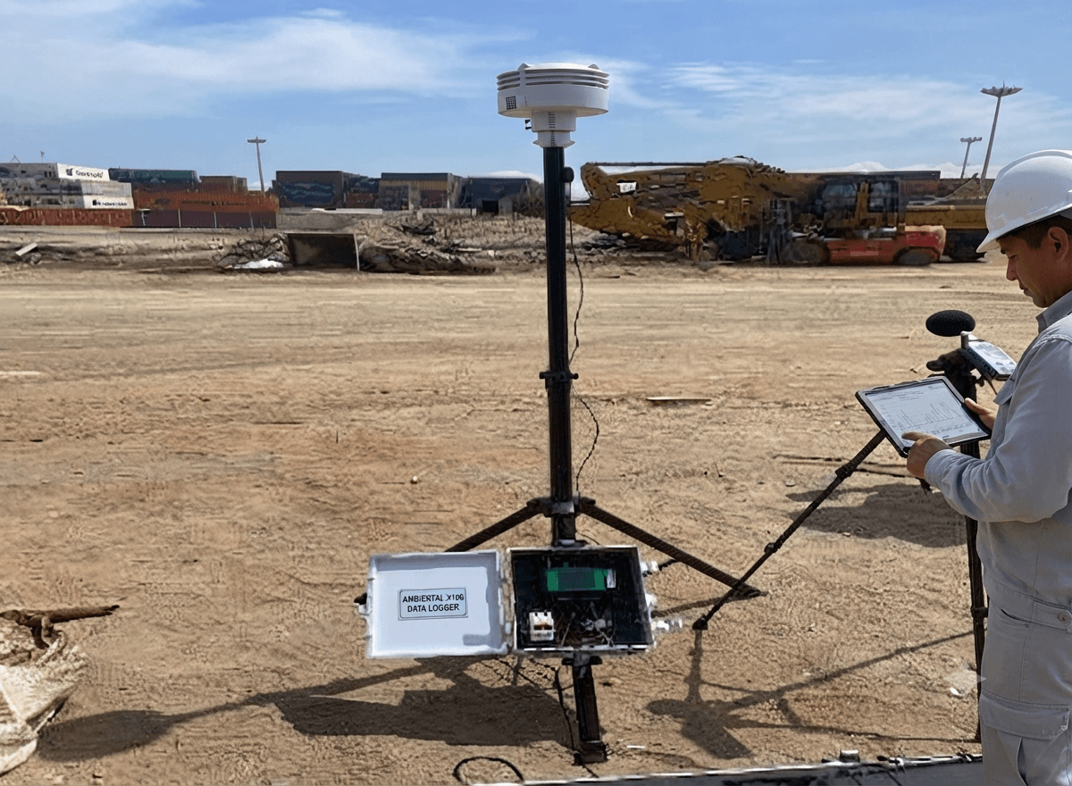 Técnico ambiental monitorizando a qualidade do ar em campo