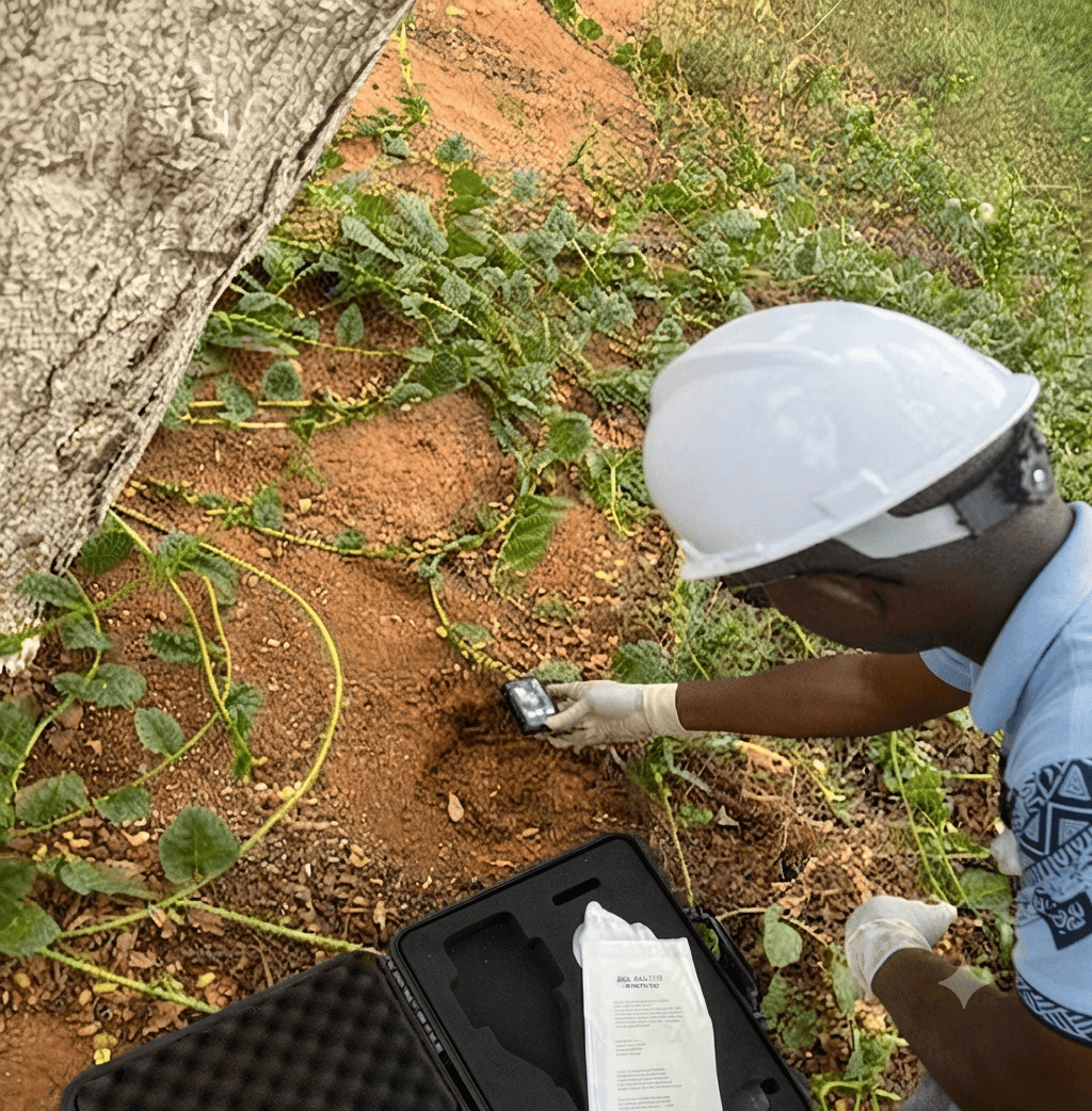 Engenheiro ambiental coletando amostras de solo em campo para análise laboratorial
